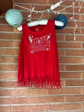 Wonder nation large 10/12 red fringe patriotic 4th of July tank top